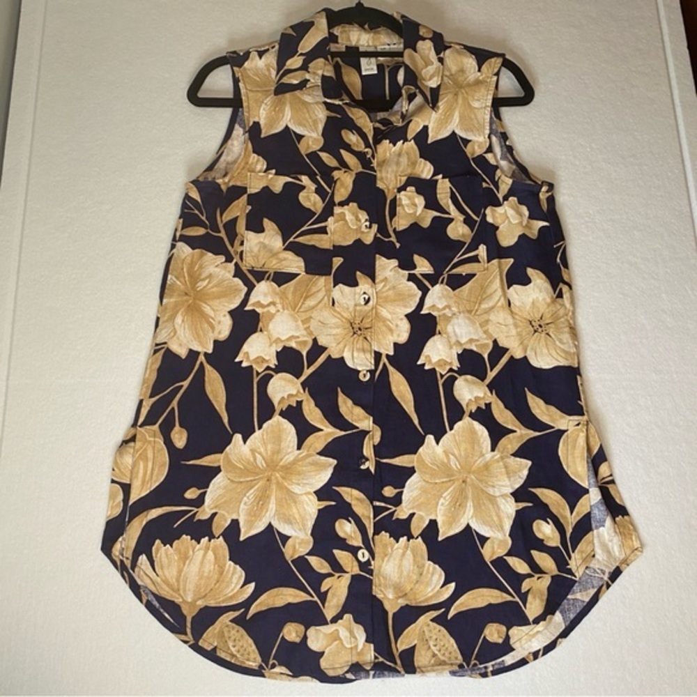 Joie Blue Floral‎ Print Linen Blend Button Up Collared Tank Top Size Small